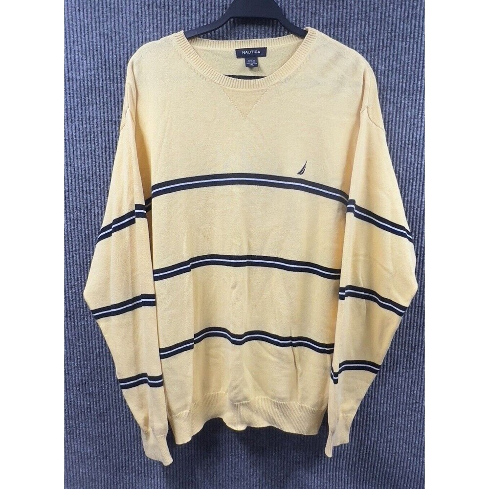VTG Nautica Sweater Mens XL Yellow Striped Knit Pullover Crew Neck Cotton Casual